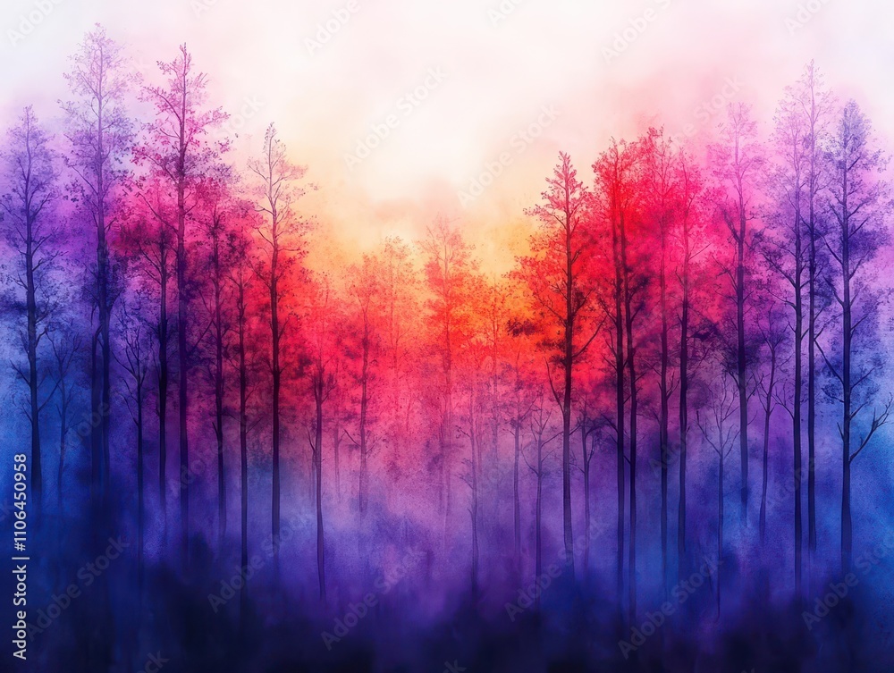 Obraz premium Magical watercolor sunset forest blending bold reds and purples into soft lavender mist
