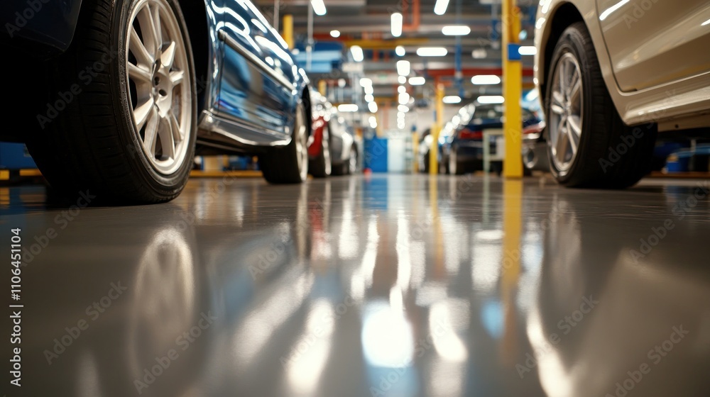 Gleaming Cars in a Modern Automotive Facility Gleaming Cars in a Modern Automotive Facility