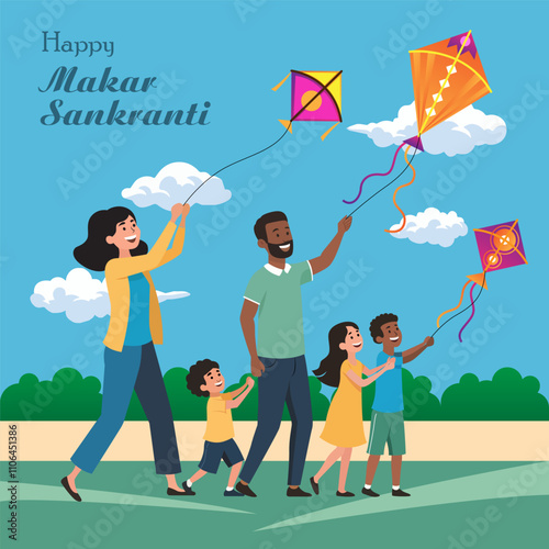 The Hindu festival of Makar Sankranti  pepole flying colourful kites soaring above a cityscape spools of thread and Happy Makar Sankranti written at the up
