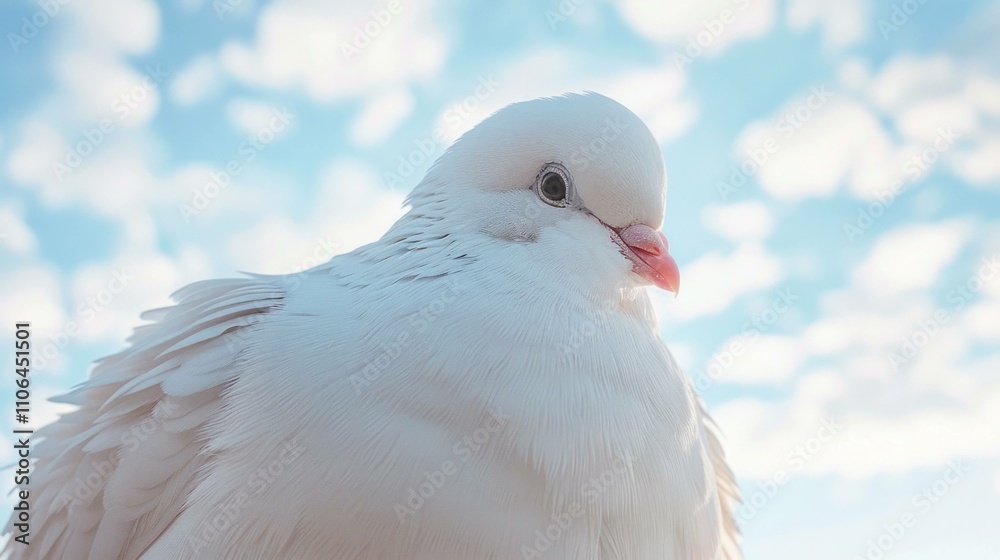 Majestic white dove perched against a bright blue sky with fluffy clouds, symbolizing peace and tranquility in nature. Majestic white dove perched against a bright blue sky with fluffy clouds, symbolizing peace and tranquility in nature.