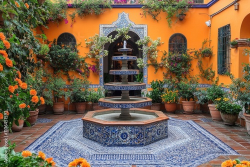 Traditional spanish patio with a tiered fountain and colorful flowers