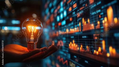  glowing light bulb with futuristic graphic icon in hand with marketing graph chart for strategy business planning ideas of investment and marketing management.
