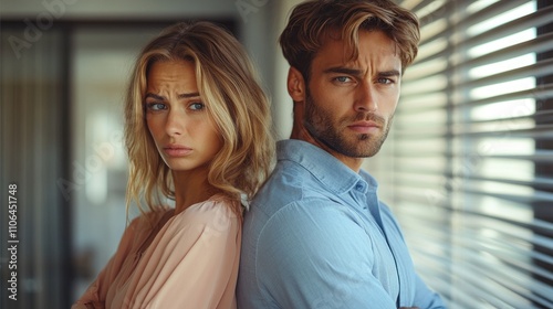 Young couple standing back to back with arms crossed, showing distrust and disagreement