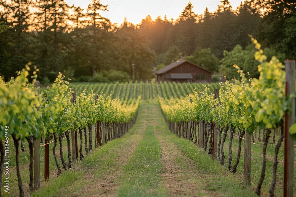Golden sunset illuminating lush vineyard rows and farmhouse Golden sunset illuminating lush vineyard rows and farmhouse
