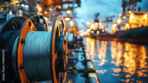Night at the Docks: Industrial Wire Reels and Harbor Lights