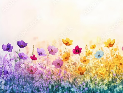 Radiant watercolor field of flowers shifting from soft lilacs to bold yellows under a golden sun photo