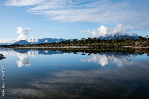 Mirror like lake new zealand cloudy sky beautiful landscape 