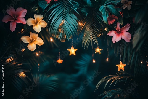 Hanging tropical flowers and glowing star-shaped string lights with lush green leaves creating a magical ambiance photo