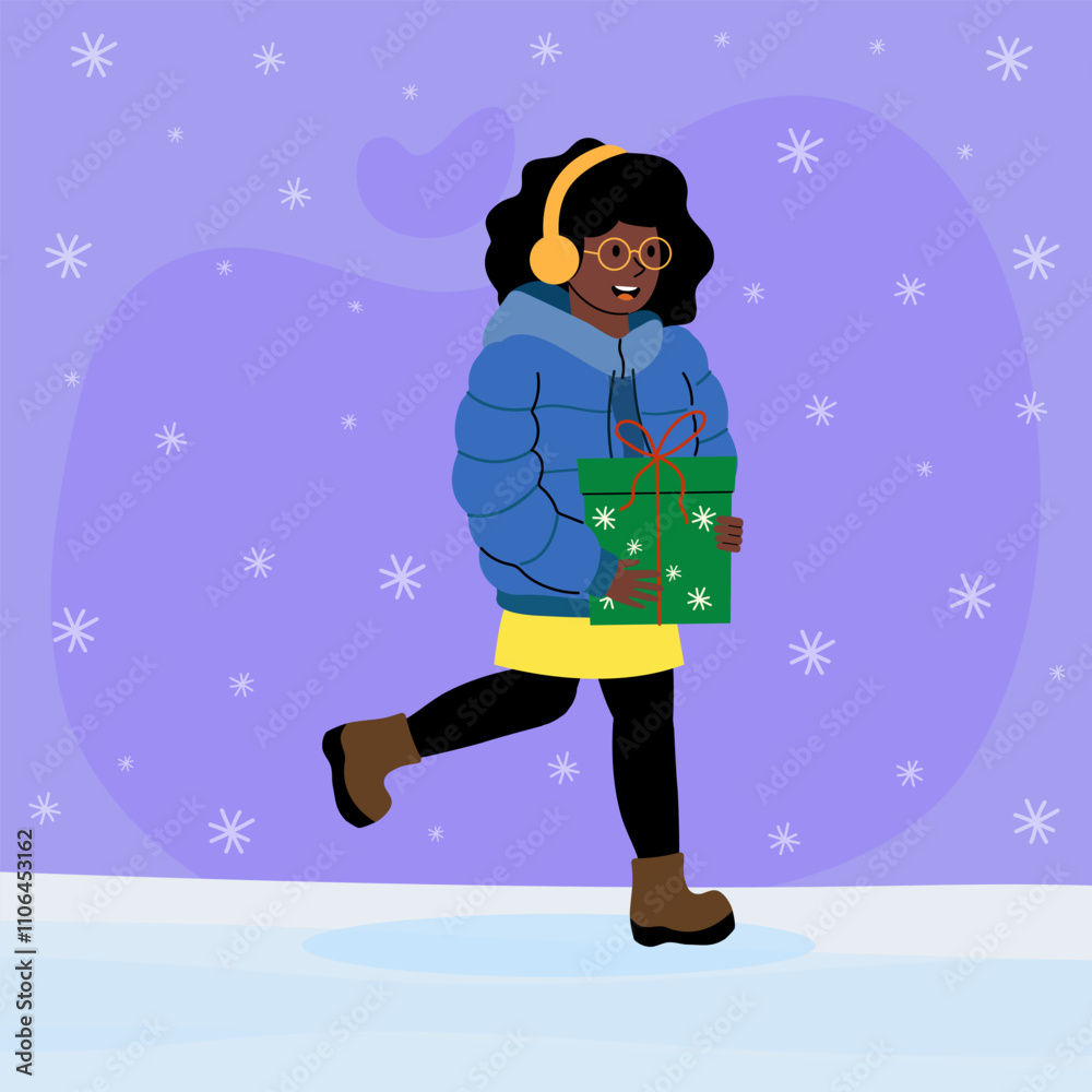 Girl enjoying a winter walk while holding a holiday gift against a snowy backdrop Girl enjoying a winter walk while holding a holiday gift against a snowy backdrop
