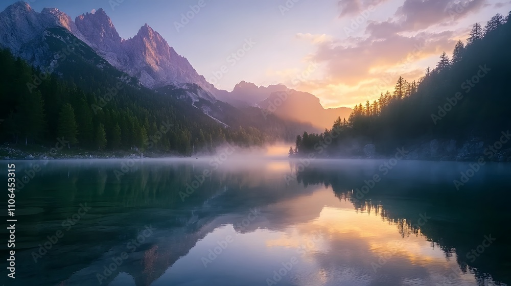 Misty sunrise over a serene mountain lake reflecting colorful sky and peaks. Misty sunrise over a serene mountain lake reflecting colorful sky and peaks.