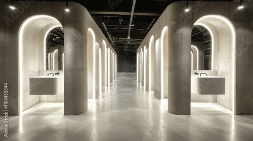 Minimalist open-plan washroom, lined with mirrors, sinks, soft eco lighting, private cubicle design, smooth concrete finishes, ergonomic layout photo