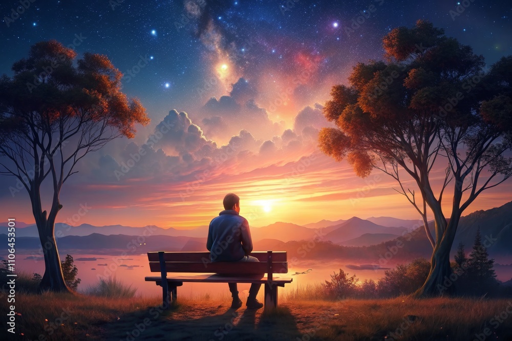 Obraz premium Contemplative moment at sunset near mountains under a starry sky