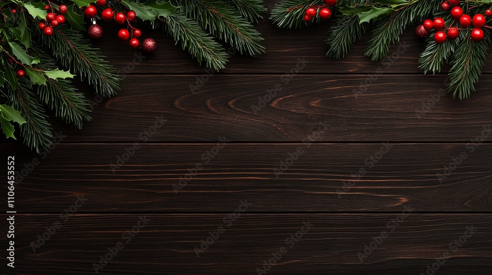 A cozy wooden backdrop adorned with lush Christmas tree branches and vibrant red berries, evoking the warmth and joy of the holiday season. A cozy wooden backdrop adorned with lush Christmas tree branches and vibrant red berries, evoking the warmth and joy of the holiday season.