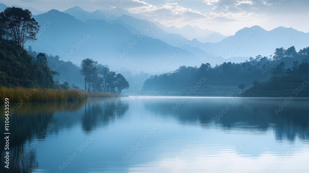 Fototapeta premium Tranquil Lake in a Misty Mountain Landscape