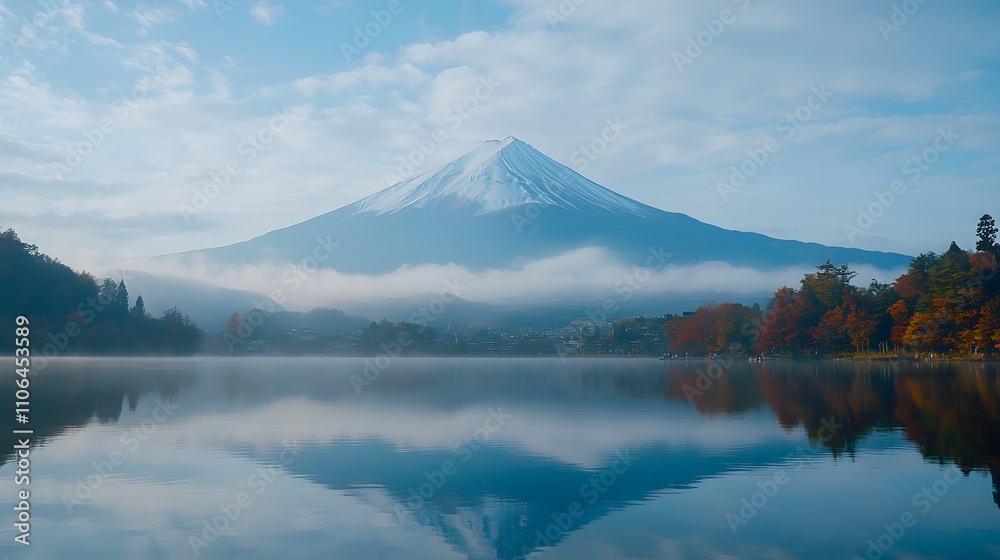 Majestic mountain reflected in calm lake at sunrise, autumn foliage. Majestic mountain reflected in calm lake at sunrise, autumn foliage.