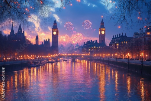  Fireworks illuminate iconic London skyline over Thames during New Year celebration twilight.