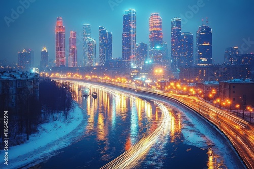  Moscow cityscape glowing in winter night with festive New Year lights reflecting on icy river