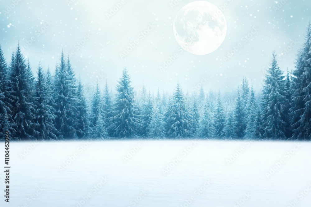Snowcovered forest illuminated by the soft glow of a full moon, crisp winter atmosphere, surrealistic illustration Snowcovered forest illuminated by the soft glow of a full moon, crisp winter atmosphere, surrealistic illustration