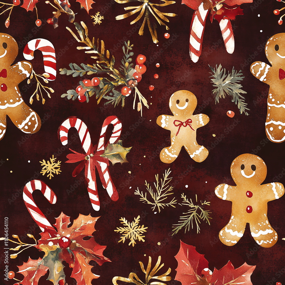 Hand-painted seamless winter pattern with gingerbread men, candy canes, bows, and festive lights, in rich red, brown, and gold colors Modern seamless New Year and Christmas pattern with winter design Hand-painted seamless winter pattern with gingerbread men, candy canes, bows, and festive lights, in rich red, brown, and gold colors Modern seamless New Year and Christmas pattern with winter design