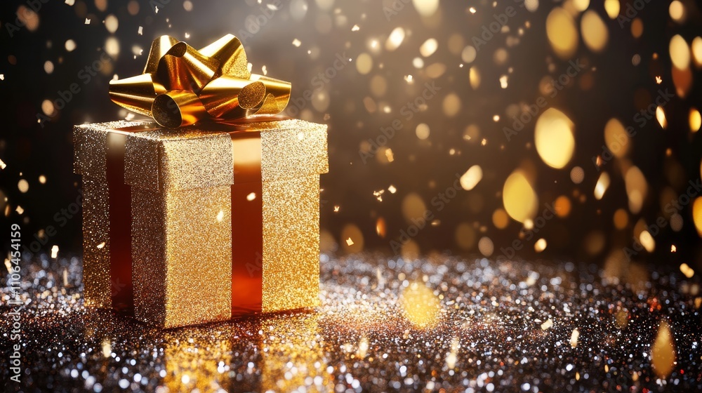 A beautifully wrapped gift box adorned with a shimmering gold bow, radiating the warm spirit of Christmas and the joy of giving. A beautifully wrapped gift box adorned with a shimmering gold bow, radiating the warm spirit of Christmas and the joy of giving.