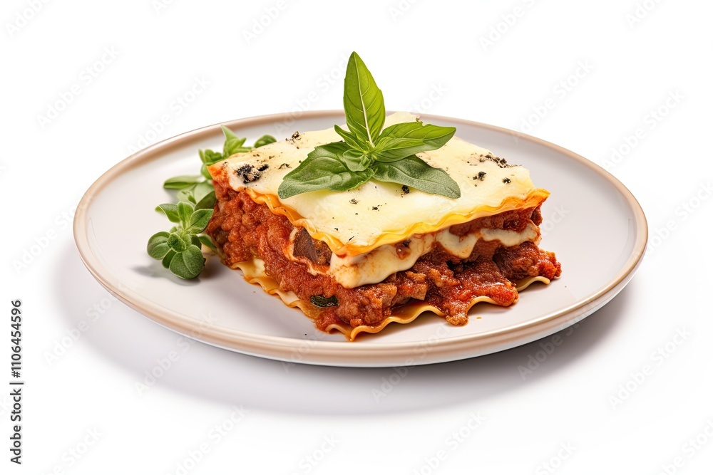 Delicious baked lasagna on a white plate Delicious baked lasagna on a white plate