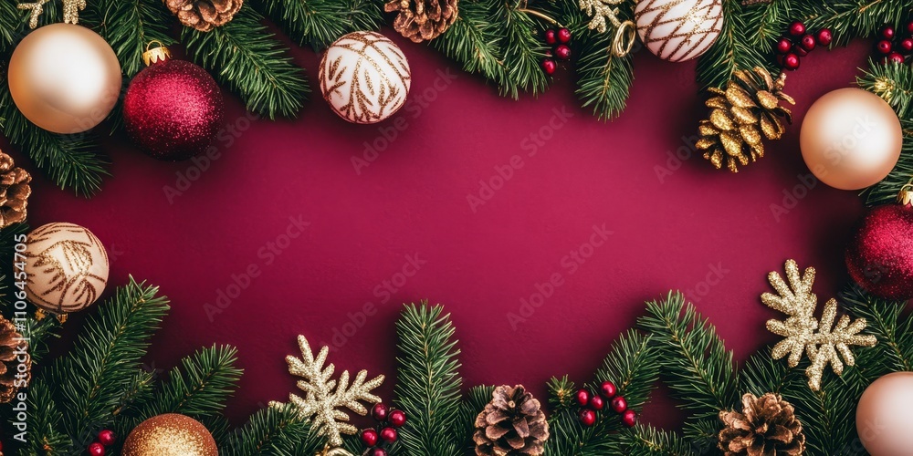 A festive display of Christmas decorations featuring vibrant balls and rustic pine cones against a rich red backdrop, embodying holiday cheer and warmth.