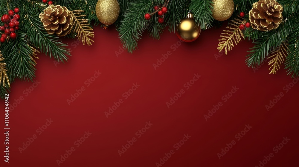 A festive scene adorned with lush fir branches, shimmering gold baubles, and rustic pine cones, capturing the magic of Christmas spirit and joy. A festive scene adorned with lush fir branches, shimmering gold baubles, and rustic pine cones, capturing the magic of Christmas spirit and joy.