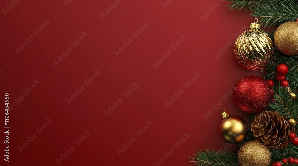 A festive display of Christmas decorations featuring shimmering ornaments, pine cones, and vibrant colors against a cheerful red backdrop.