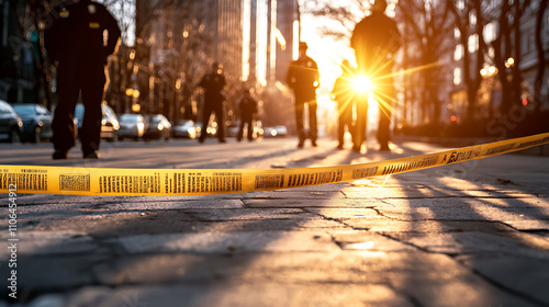 crime scene with caution tape and police officers at sunset, creating dramatic atmosphere. warm light enhances tension of situation