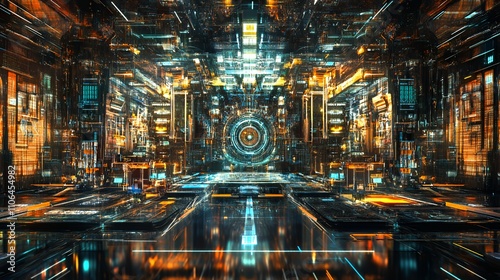 A futuristic digital environment with glowing structures and intricate patterns.