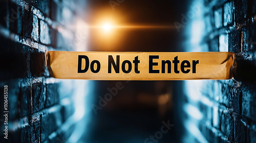 Do Not Enter tape cordoning off dark alleyway creates sense of caution and mystery. illuminated background enhances atmosphere of restriction and danger photo