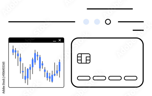 Trading chart shows market fluctuations beside a credit card. Ideal for finance, investment, banking, online payments, fintech, e-commerce, and data analysis. Line metaphor