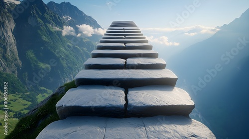 Elevated stone staircase, dramatic valley below, ethereal light guiding path to success--style raw