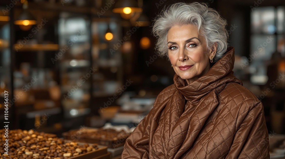 Elegant senior woman enjoying a cozy day in a cafe with warm lighting and modern fashion Elegant senior woman enjoying a cozy day in a cafe with warm lighting and modern fashion