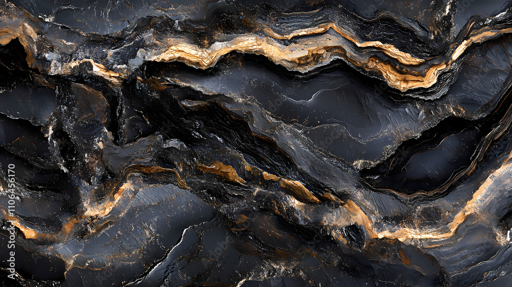 Fototapeta premium Deep black rock texture features intricate patterns, resembling veins of obsidian in darkness. Obsidian. Illustration