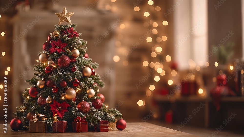 A beautifully adorned Christmas tree sparkles with vibrant red and gold ornaments, radiating festive cheer and warmth in a cozy holiday setting. A beautifully adorned Christmas tree sparkles with vibrant red and gold ornaments, radiating festive cheer and warmth in a cozy holiday setting.