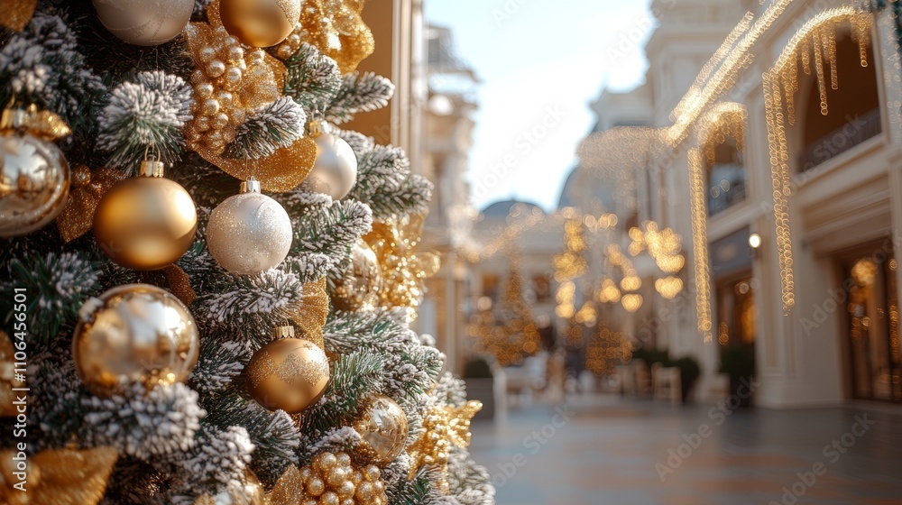 A majestic Christmas tree adorned with shimmering gold ornaments stands proudly in a bustling mall, radiating warmth and holiday cheer. A majestic Christmas tree adorned with shimmering gold ornaments stands proudly in a bustling mall, radiating warmth and holiday cheer.