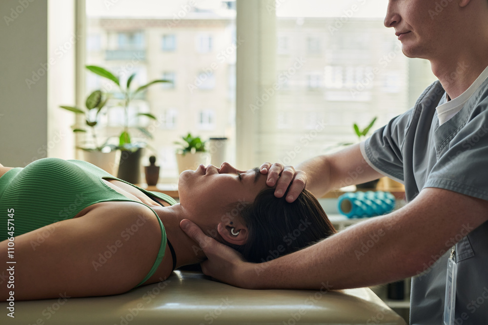 Obraz premium Receiving relaxing massage therapy with a focus on shoulder area while recuperating on a comfortable table. Hammocks and windows in background providing peaceful environment