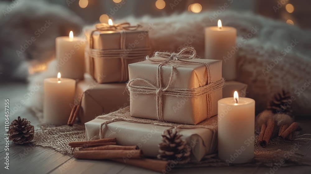 A cozy table adorned with flickering candles and colorful wrapped presents, all set atop a warm blanket, radiating Christmas cheer and festive spirit. A cozy table adorned with flickering candles and colorful wrapped presents, all set atop a warm blanket, radiating Christmas cheer and festive spirit.