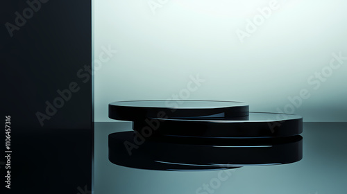 A captivating, futuristic two-tiered podium, constructed from sleek, polished black obsidian with a subtle, mirrored finish. Obsidian. Illustration photo