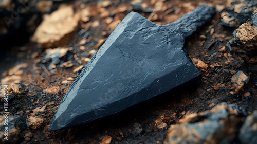 A close-up of a stone tool, a hand axe, crafted from obsidian with a sharp edge. Obsidian. Illustration photo