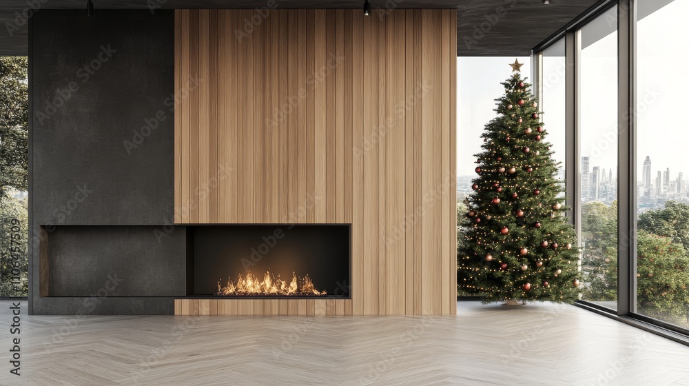 A cozy room glows with warmth, featuring a crackling fireplace and a beautifully adorned Christmas tree nestled in the corner, evoking festive cheer. A cozy room glows with warmth, featuring a crackling fireplace and a beautifully adorned Christmas tree nestled in the corner, evoking festive cheer.