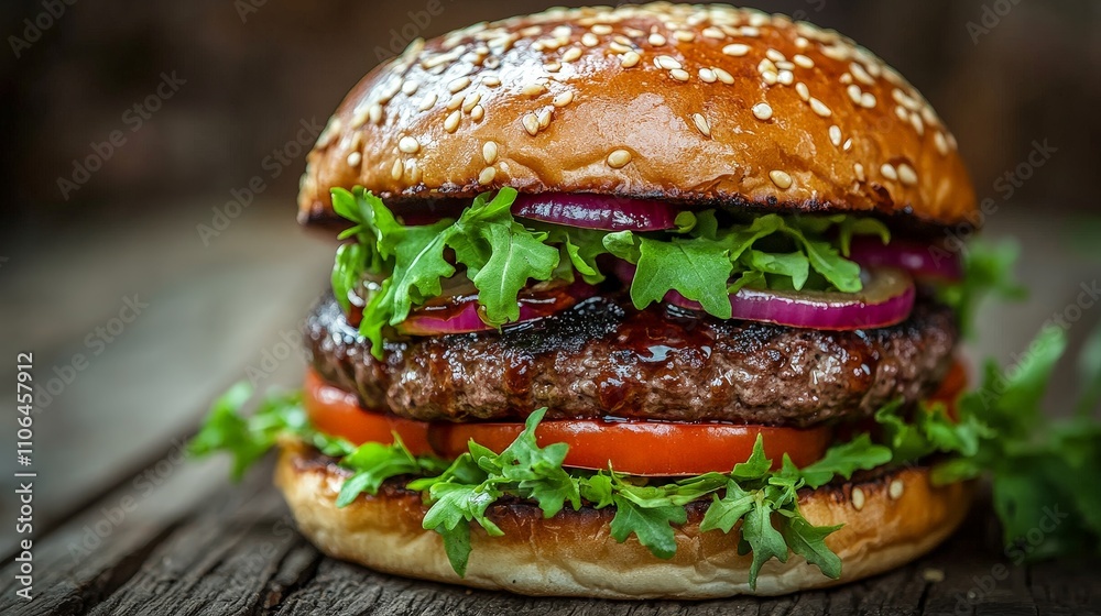 A delicious hamburger with lettuce, tomato, and onion on a sesame seed bun. A delicious hamburger with lettuce, tomato, and onion on a sesame seed bun.