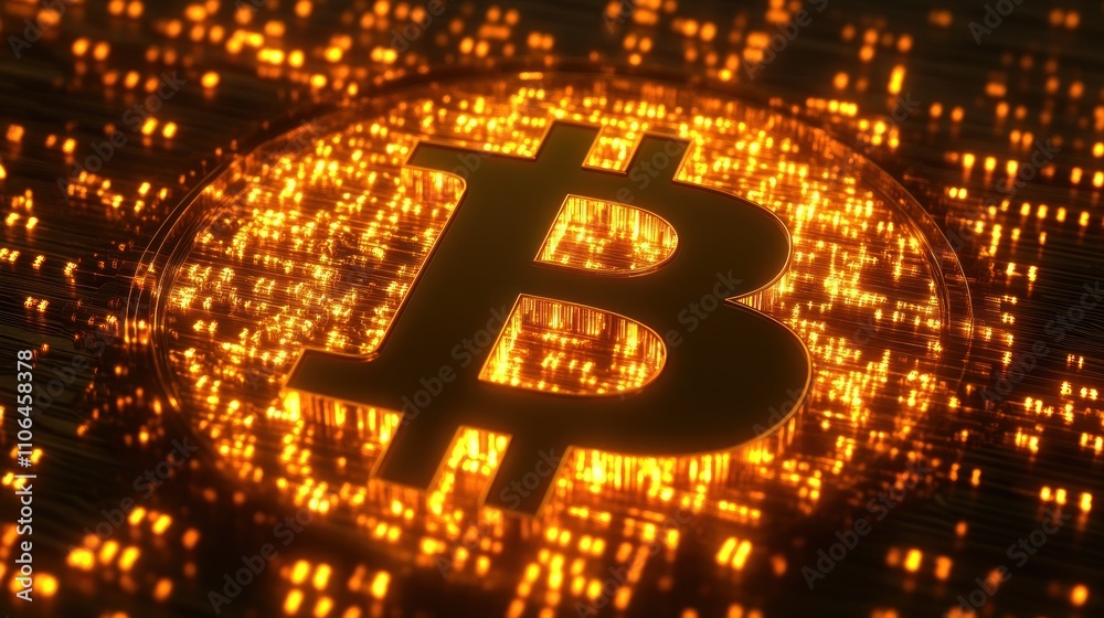 A glowing Bitcoin symbol on a digital circuit board. A glowing Bitcoin symbol on a digital circuit board.