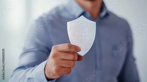 Professional holding a white shield symbolizing security and data protection with a blurred modern office background emphasizing cybersecurity and digital defense solutions