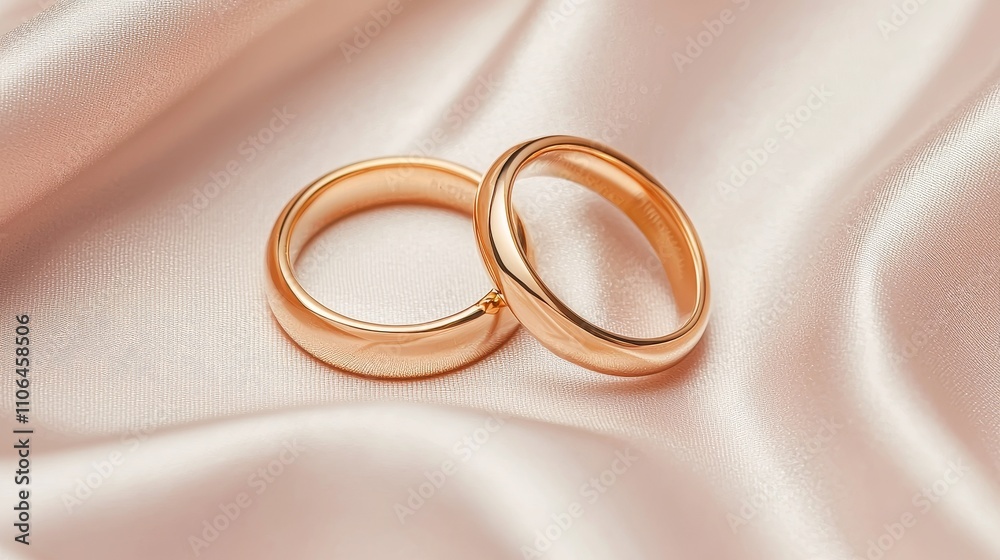 Two gold rings on delicate satin with subtle pleats, gentle highlights and reflections, timeless elegance for wedding ads Two gold rings on delicate satin with subtle pleats, gentle highlights and reflections, timeless elegance for wedding ads