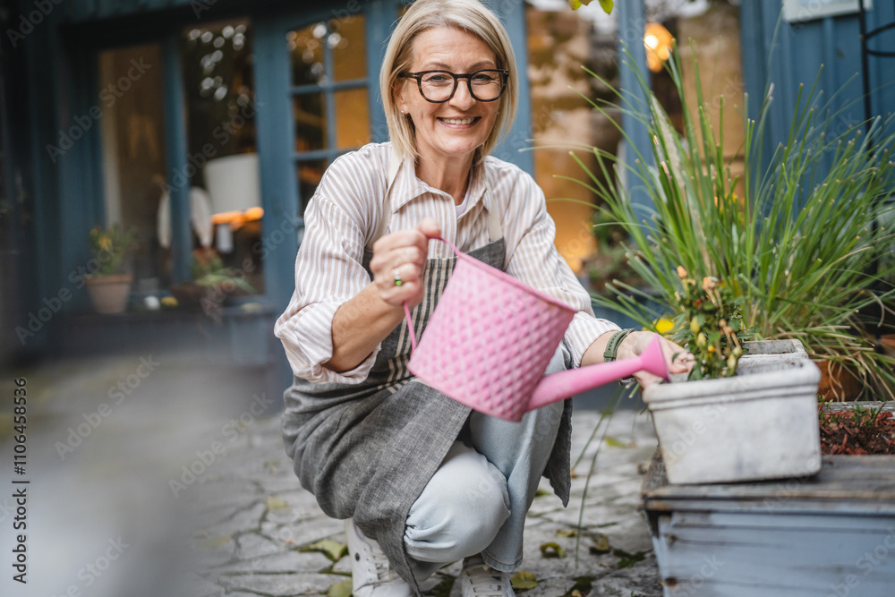 Fototapeta premium Mature woman waitress waters plants in garden with a pink watering can