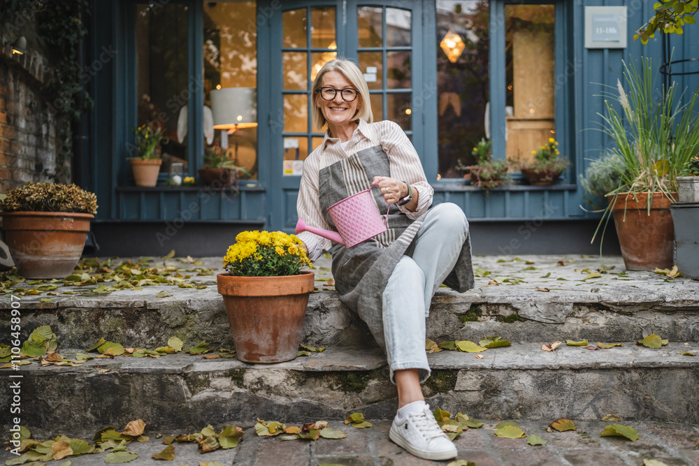 Mature woman sit watering plants in garden with a watering can Mature woman sit watering plants in garden with a watering can