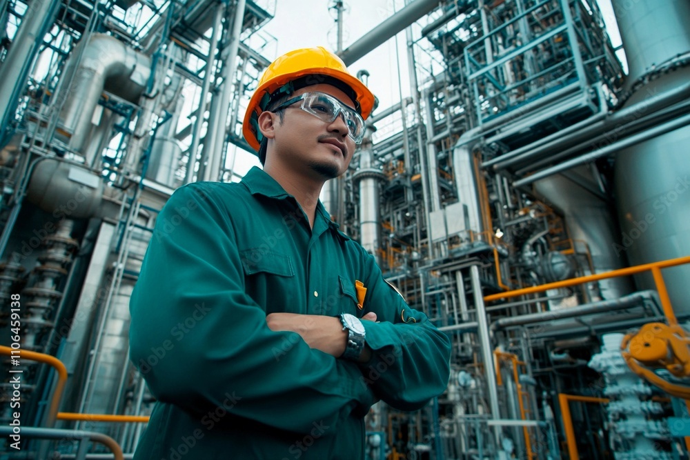 Skilled worker monitoring operations in industrial facility during daytime. Generative AI Skilled worker monitoring operations in industrial facility during daytime. Generative AI