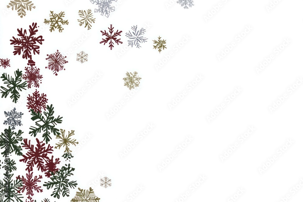 Colorful snowflakes scattered on a white background, creating a festive winter atmosphere perfect for holiday designs. Seasonal decoration concept. Colorful snowflakes scattered on a white background, creating a festive winter atmosphere perfect for holiday designs. Seasonal decoration concept.